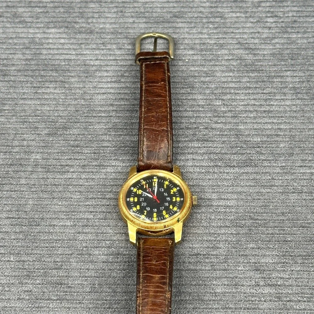 Vintage Military Field Watch Gold Tone Black Dial Japan Movt Brown Leather Strap